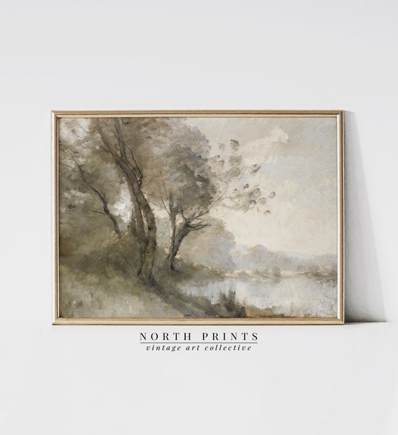 Muted Green Landscape Art Print Riverside Painting Soft Etsy