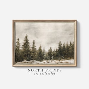 Peinture de Noël hiver forêt de pins Art NUMÉRIQUE | Paysage rustique imprimable en téléchargement numérique | Affiches du Nord | W-128