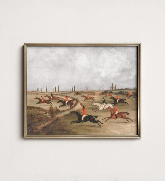 Antique Fox Hunt Painting: Vintage Equestrian Autumn Landscape