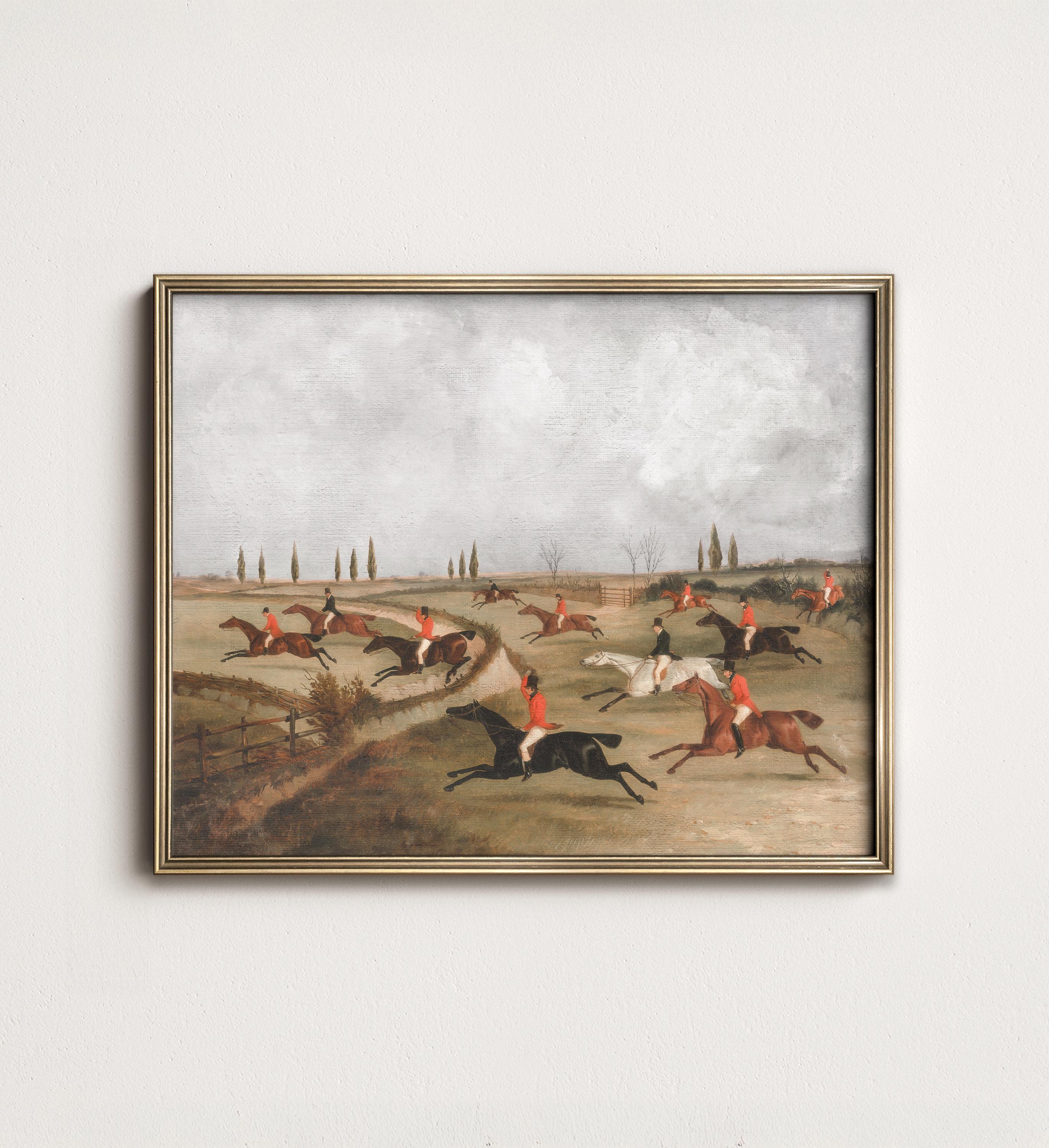 アンティークのキツネ狩りの絵画：ヴィンテージの乗馬の秋の風景（印刷