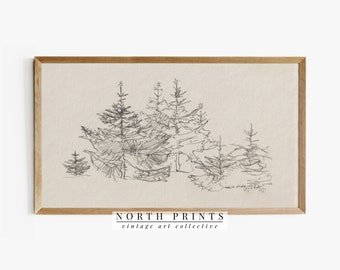 Samsung Frame TV Art, Vintage Neutrale Winterbaum Skizze, Instant Holiday Decor DIGITAL TV162