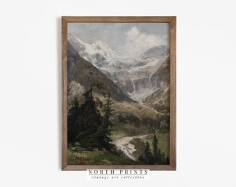 Vintage Mountain Landscape Painting: Rustic Cabin Wall Art (Digital Printable) 4-170
