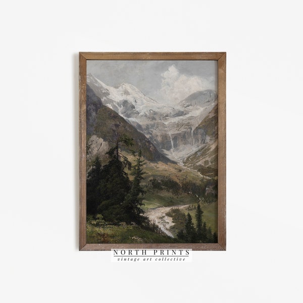 Vintage Mountain Landscape Painting: Rustic Cabin Wall Art (Digital Printable) 4-170