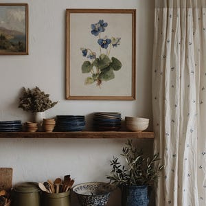 K&ouml;nnte beinhalten: Ein gerahmter botanischer Druck mit blauen Veilchen h&auml;ngt &uuml;ber einem Holzregal mit Tellern und Schalen. Eine rustikale K&uuml;chenszene mit olivgr&uuml;nen Beh&auml;ltern, Holzutensilien und einer blau-wei&szlig; gemusterten Schale.