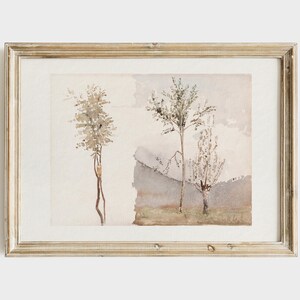 May include: A framed watercolor painting of three trees in a landscape setting. The trees are painted in shades of brown and green, and the background is a soft blue and gray.