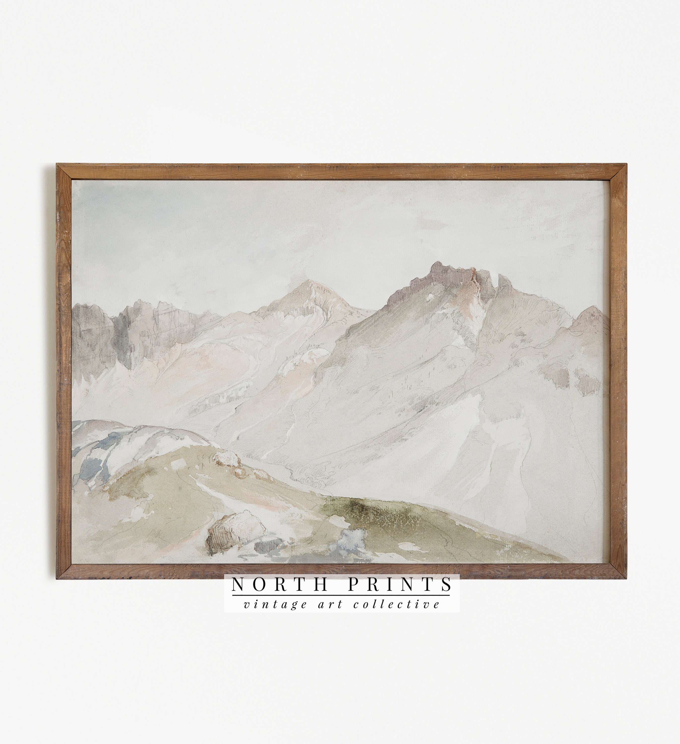 Muted Mountain Painting Antique Neutral Watercolor Rustic Etsy Singapore