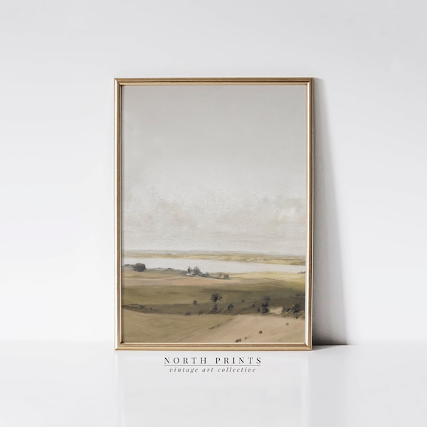 Pintura de paisaje verde apagado: Arte mural costero vintage (Descarga digital imprimible) 4-100