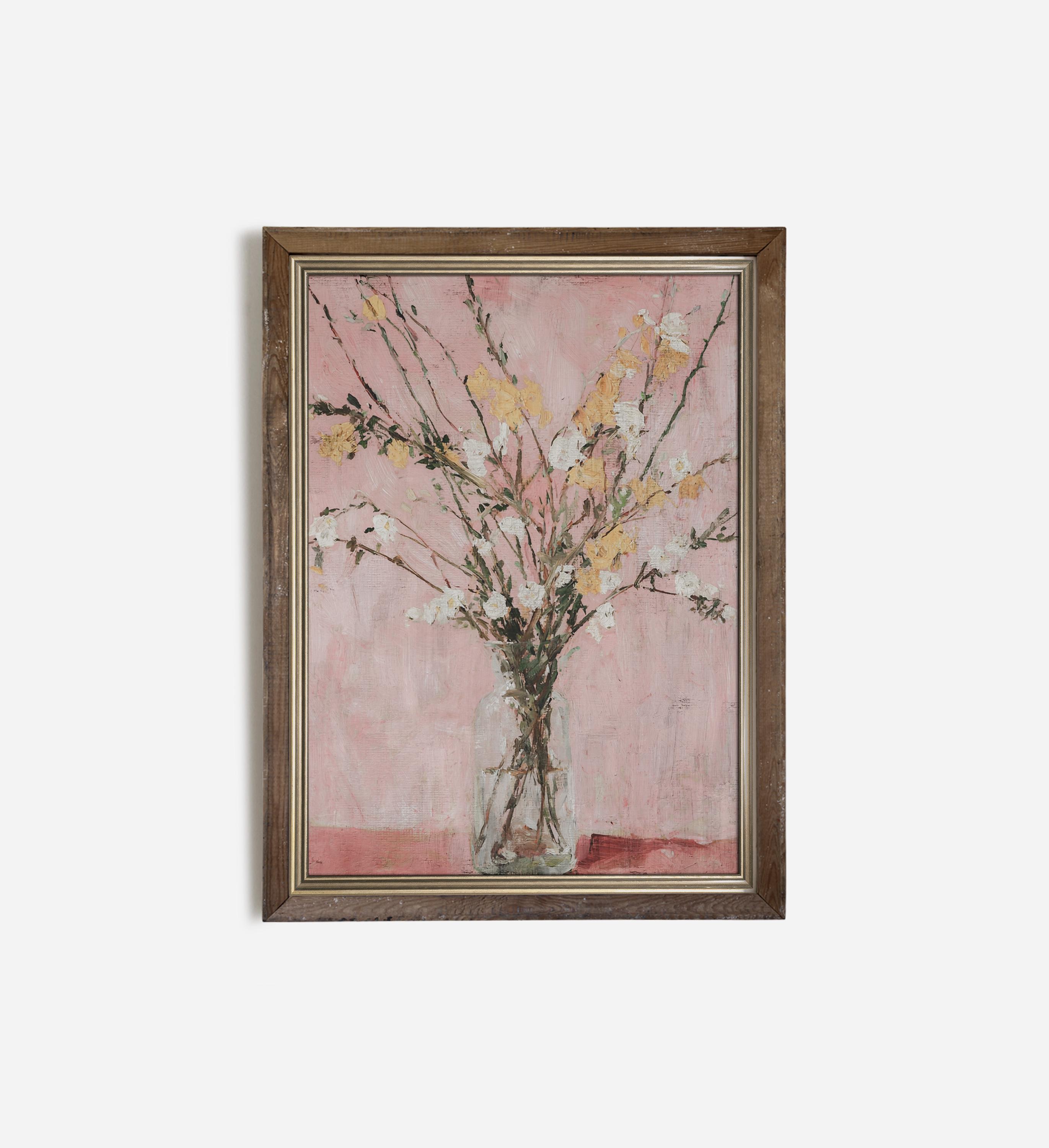 抽象画 風景画 ピンクの花 ピンクの花の抽象画：現代の植物アート（デジタル印刷可能ダウンロード
