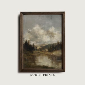 Rustic Mountain Lake Wall Art, Antique Woodland Landscape PRINTABLE Digital Art Download 13-131