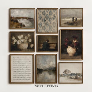May include: A gallery wall set of nine framed art prints featuring landscapes, a floral still life, a person playing piano, a damask pattern, and musical notation. Each piece is enclosed in a gold-toned frame, with the text NORTH PRINTS below.