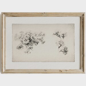 May include: A framed black and white botanical print featuring two arrangements of flowers. The print is on a cream-colored background and is framed in a light wood frame.