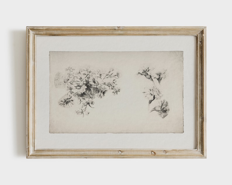 May include: A framed black and white botanical print featuring two arrangements of flowers. The print is on a cream-colored background and is framed in a light wood frame.