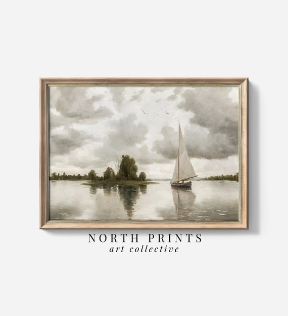 Vintage Sailboat Lake Painting: Nautical Coastal Art (Printable Digital Download) 6-141