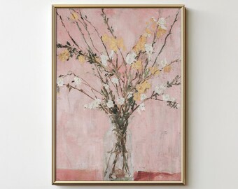 ピンクの花の抽象画：現代の植物アート（デジタル印刷可能ダウンロード