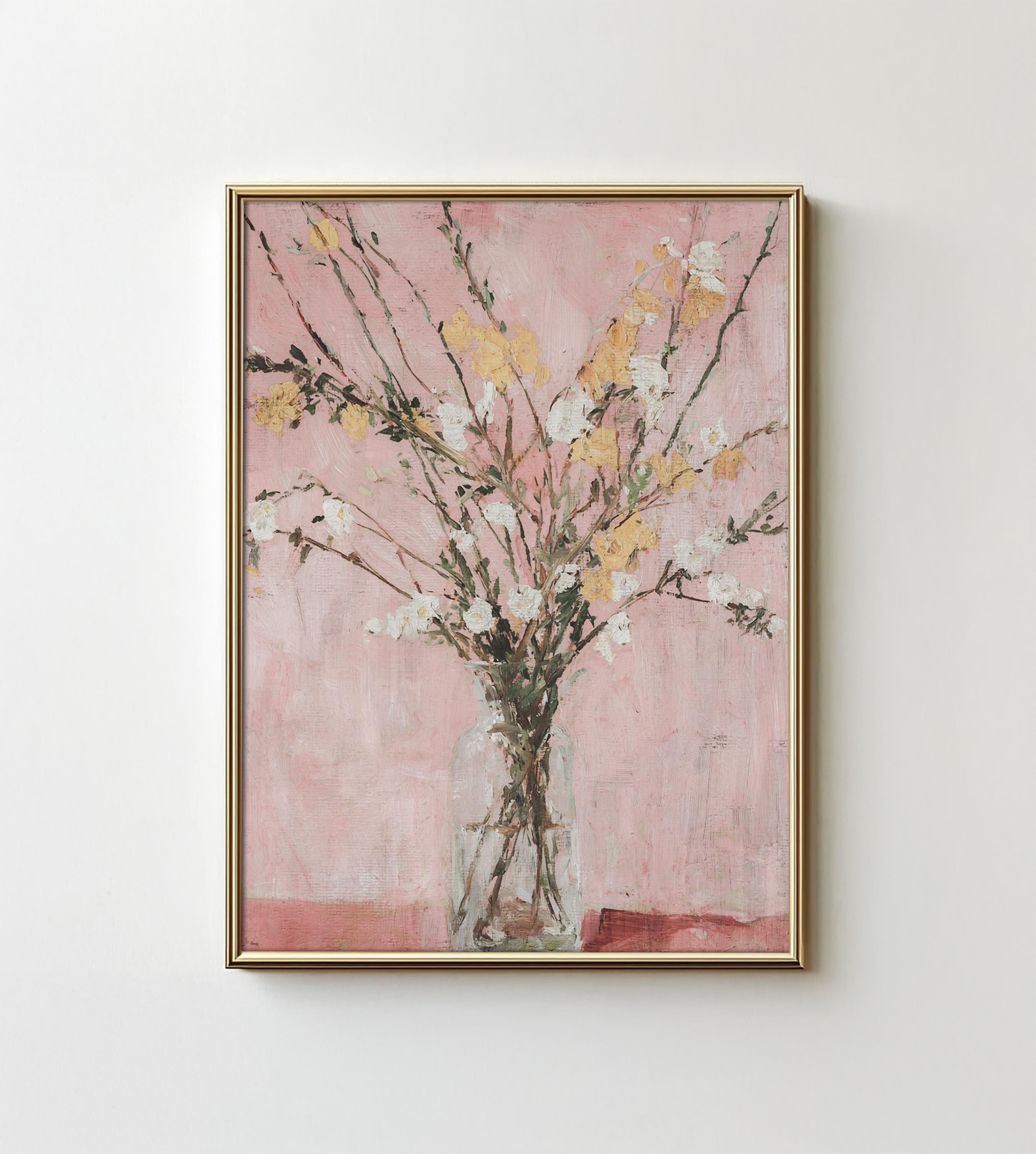 ピンクの花の抽象画：現代の植物アート（デジタル印刷可能ダウンロード