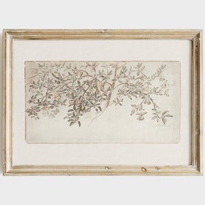 May include: A framed watercolor painting of a tree branch with leaves and fruit. The painting is on a light brown background and is framed in a light wood frame.