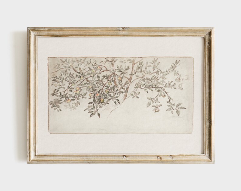 May include: A framed watercolor painting of a tree branch with leaves and fruit. The painting is on a light brown background and is framed in a light wood frame.