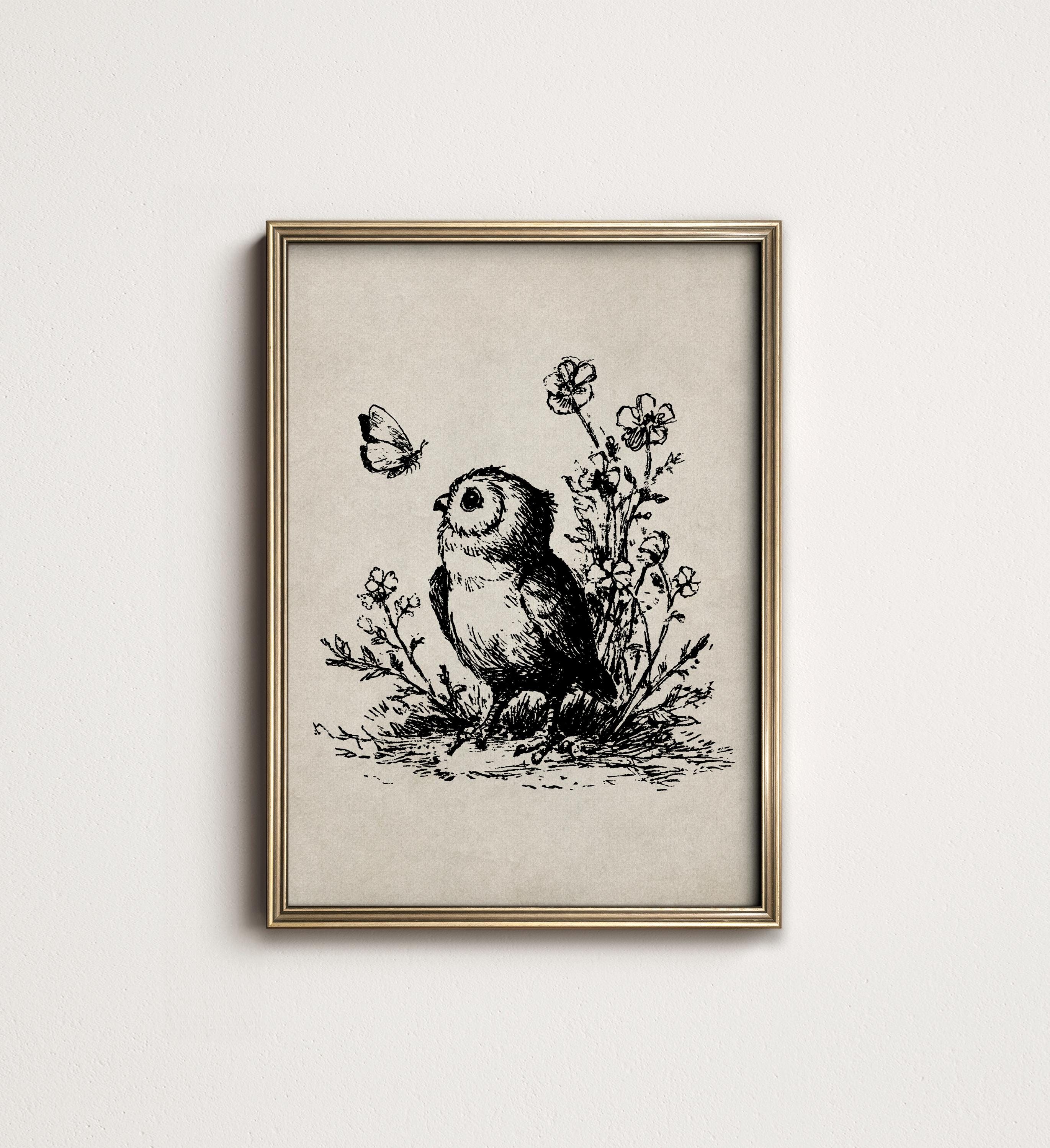 Nursery Owl Sketch Art Print, Neutral Cottagecore Wall Decor Digital PRINTABLE Download, Antique Woo