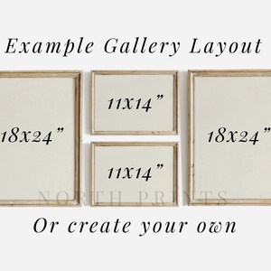 May include: Example gallery layout with four frames, two 18x24 inch frames and two 11x14 inch frames. The frames are all in a light wood color and have a simple design.