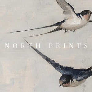 Puede incluir: Una pintura de dos golondrinas blancas y negras en vuelo sobre un fondo gris claro. El texto "NORTH PRINTS" est&aacute; impreso en blanco debajo de las aves.
