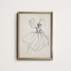 Puede incluir: Un dibujo en blanco y negro de una persona con un vestido con los brazos levantados por encima de la cabeza.
