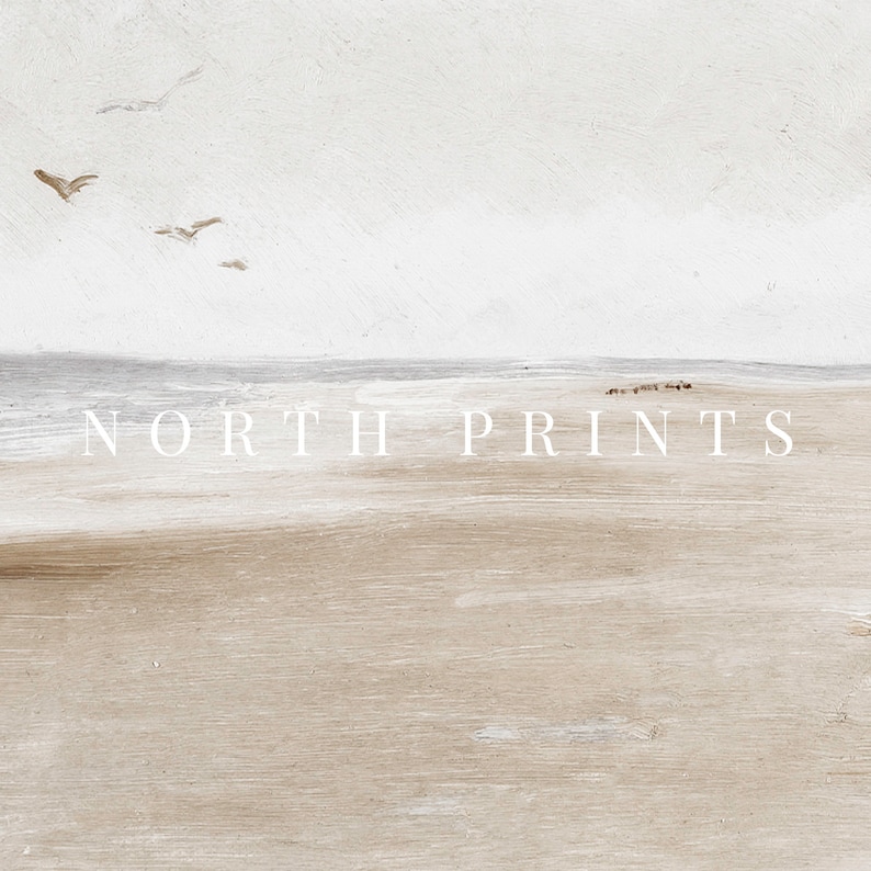 May include: A minimalist painting of a beach scene with a light blue sky, white clouds, and a sandy beach with waves. The text "NORTH PRINTS" is printed in white on the beach.
