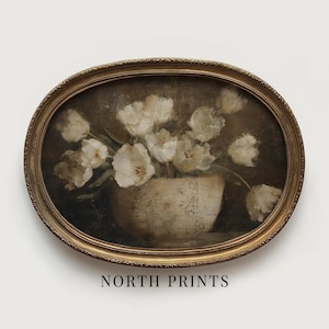 May include: An oval-shaped framed painting featuring a still life of white tulips in a cream-colored vase. The painting has a vintage aesthetic with a dark background and gold-colored frame. The text "NORTH PRINTS" is at the bottom.