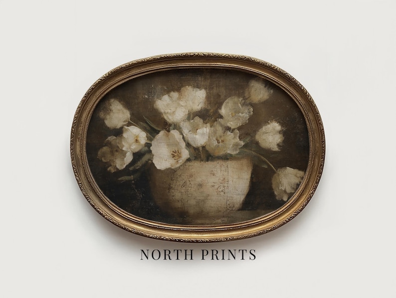 May include: An oval-shaped framed painting featuring a still life of white tulips in a cream-colored vase. The painting has a vintage aesthetic with a dark background and gold-colored frame. The text "NORTH PRINTS" is at the bottom.