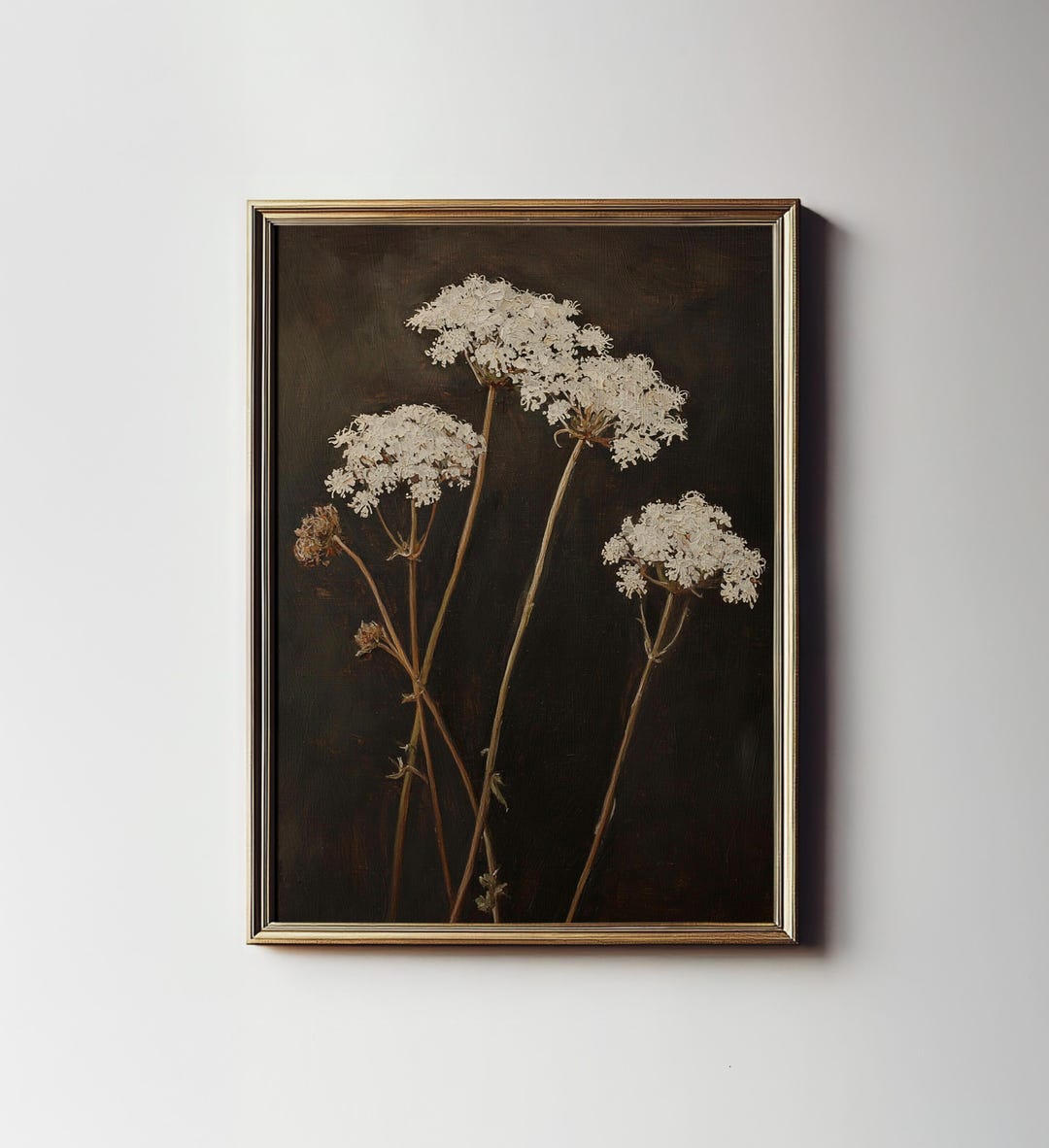 Queen Annes Lace Print, Dark Floral Still Life Wall Art, Wild