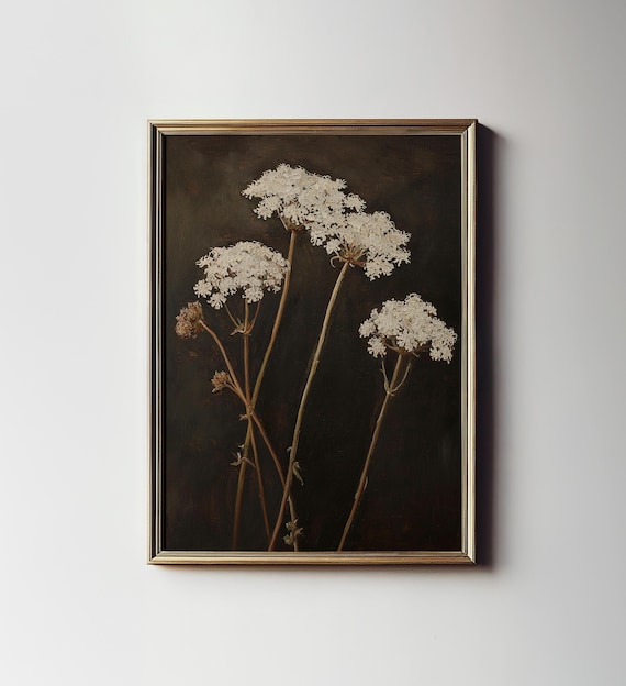 Queen Annes Lace Print, Dark Floral Still Life Wall Art, Wild Flower Art Printable Digital Download 8-47