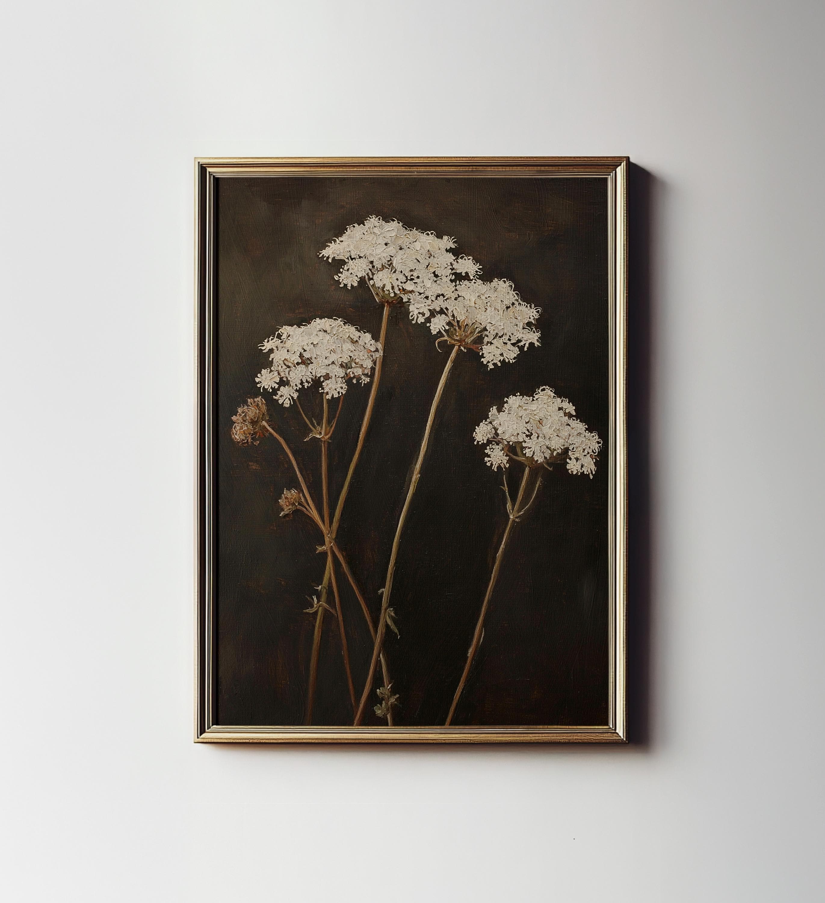 Queen Annes Lace Print, Dark Floral Still Life Wall Art, Wild Flower Art Printable Digital Download 8-47