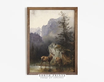 Rustic Deer Painting | Vintage Print | Landscape Painting Cabin Decor PRINTABLE North Prints | 341