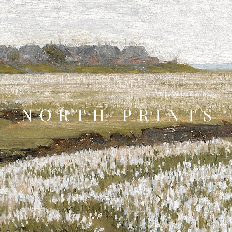May include: A painting of a landscape with a row of houses in the distance. The foreground is a field of white flowers with green foliage. The text "NORTH PRINTS" is visible in the middle of the image.