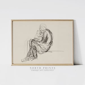 ヴィンテージの母と子のスケッチ | アンティークな子供部屋の装飾 | ニュートラルな線画 | North Prints デジタル印刷可能 | 1-90