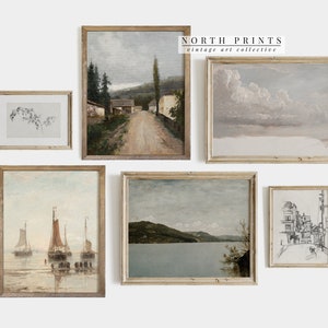 May include: A collection of framed vintage art prints. The prints feature landscape and seascape paintings, and sketches. The color palette includes muted tones of gray, beige, and blue. The text "NORTH PRINTS vintage art collective" is visible.
