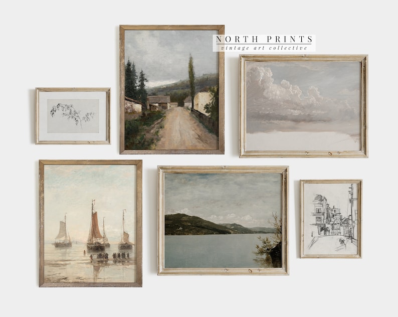 May include: A collection of framed vintage art prints. The prints feature landscape and seascape paintings, and sketches. The color palette includes muted tones of gray, beige, and blue. The text "NORTH PRINTS vintage art collective" is visible.