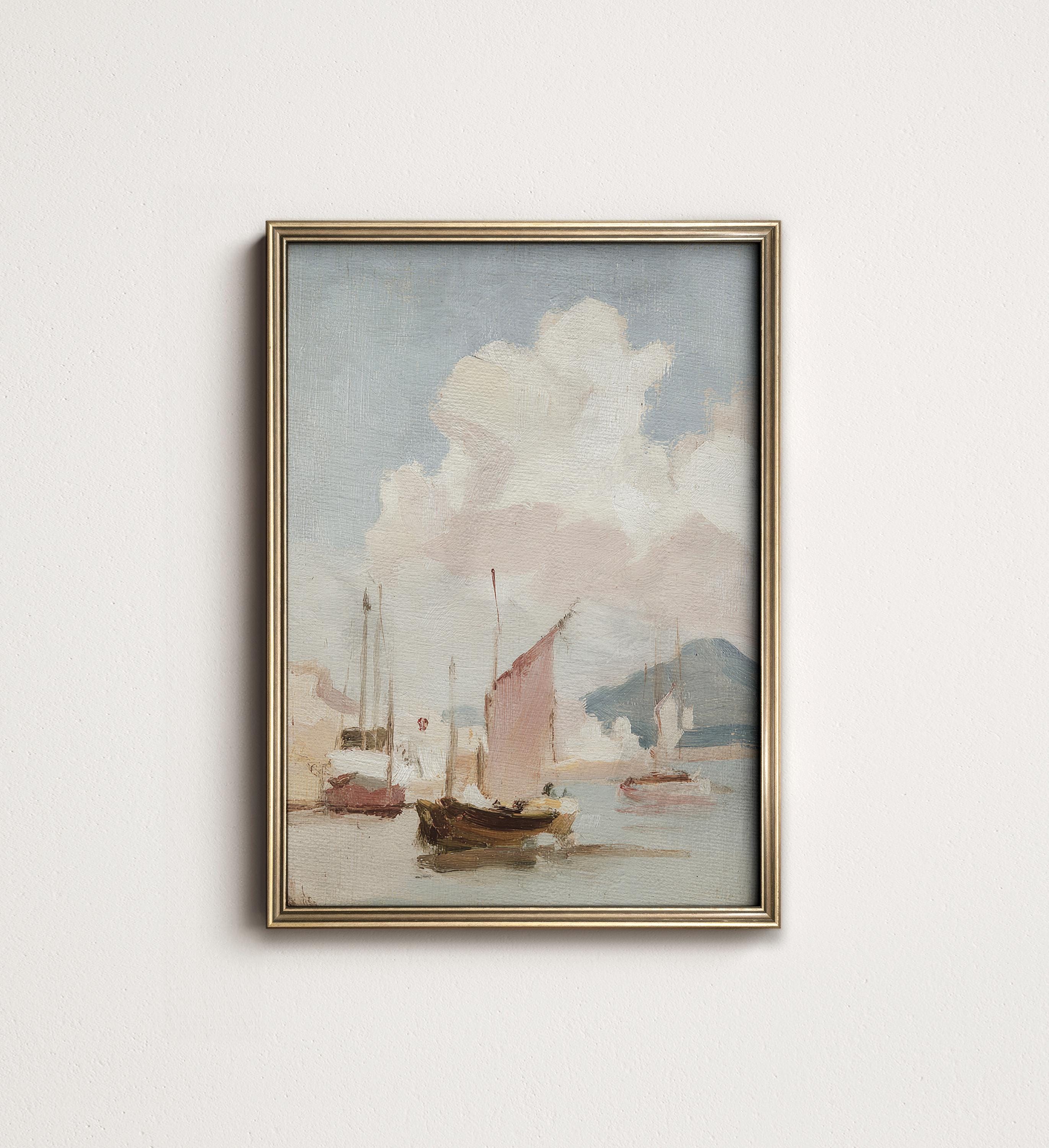 Pastel Sailboat PRINTABLE Wall Art, Coastal Nautical Boat Painting for Bathroom or Beach House Decor, Digital Seascape Download 10-32
