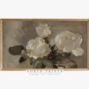 May include: A vintage painting of white flowers in a vase. The flowers are painted in a loose, impressionistic style, with soft brushstrokes and muted colors. The background is a soft brown.