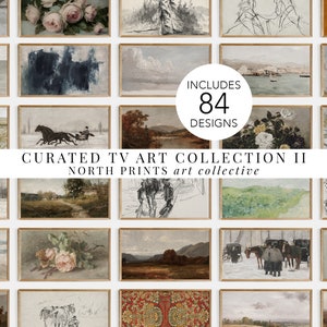 May include: A collage of 84 framed art prints, featuring a variety of styles and subjects, including landscapes, still lifes, and abstract art. The prints are arranged in a grid pattern and are all in gold frames. The text "CURATED TV ART COLLECTION II NORTH PRINTS art collective" is displayed at the bottom of the image.