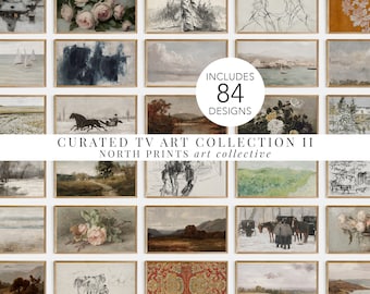 May include: A collage of 84 framed art prints, featuring a variety of styles and subjects, including landscapes, still lifes, and abstract art. The prints are arranged in a grid pattern and are all in gold frames. The text "CURATED TV ART COLLECTION II NORTH PRINTS art collective" is displayed at the bottom of the image.