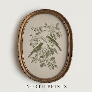 May include: An oval framed print featuring two green birds perched on a flowering branch. The artwork is set against a beige background and enclosed in a gold-colored frame. The text "NORTH PRINTS" is at the bottom.