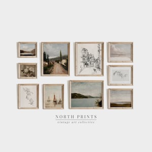 May include: A collection of framed vintage art prints in various sizes. The prints feature landscape, floral, and architectural themes in muted tones. The frames are light-colored wood. The text "NORTH PRINTS vintage art collective" is displayed below the prints.