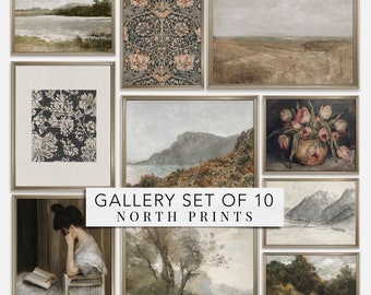 May include: A gallery wall set of 10 framed prints featuring various landscapes, floral still life, and abstract designs. The prints are in a rustic style with a muted colour palette.