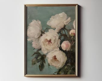 White Peony Painting: Teal Botanical Wall Art Print (Digital Printable Download) 8-181