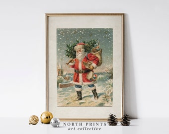 May include: Vintage Christmas postcard featuring a depiction of Santa Claus carrying a sack of gifts and a Christmas tree. He is wearing a red suit with white trim, black boots, and a white beard. The background is a snowy landscape with a church in the distance.