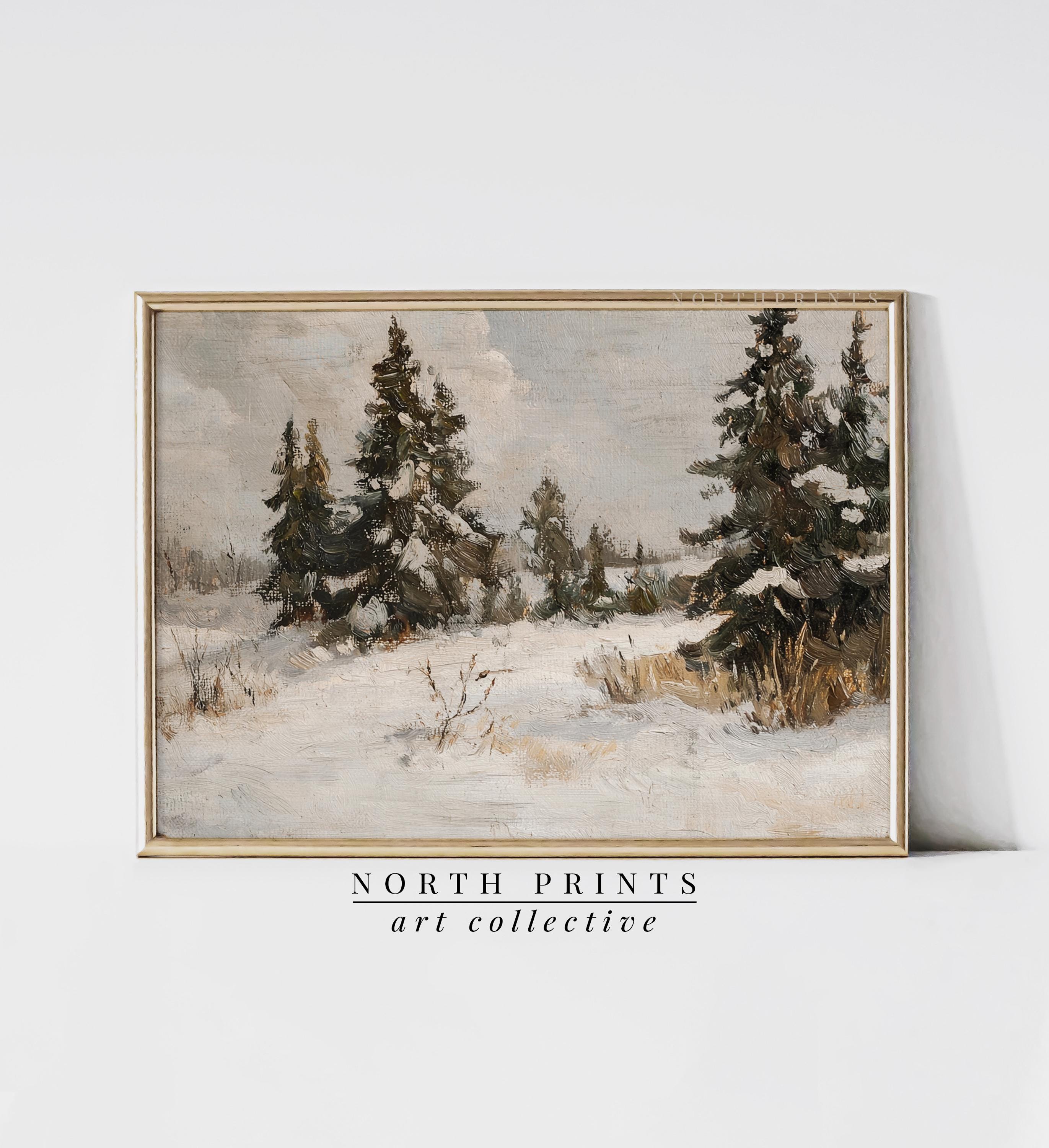 Winter Landscape Painting: Rustic Farmhouse Pine Trees (digital
