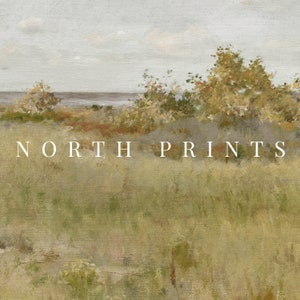 May include: A painting of a landscape with a body of water in the distance. The foreground is a field of green grass with a few trees and bushes. The sky is a light blue with some clouds. The text "NORTH PRINTS" is printed in white at the bottom of the image.