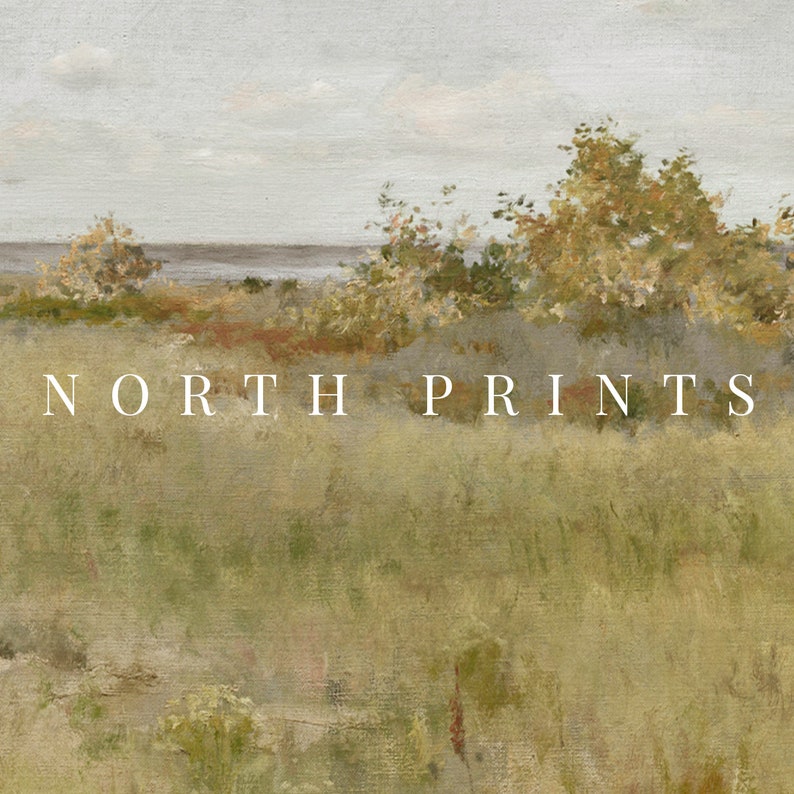 May include: A painting of a landscape with a body of water in the distance. The foreground is a field of green grass with a few trees and bushes. The sky is a light blue with some clouds. The text "NORTH PRINTS" is printed in white at the bottom of the image.