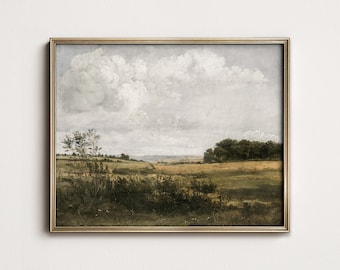 May include: A framed painting of a landscape with a field of grass, trees, and a cloudy sky. The painting is in a gold frame.