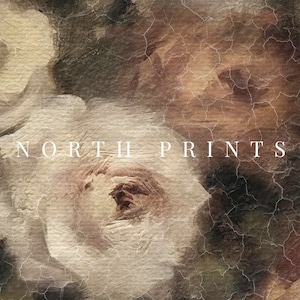 Pu&ograve; includere: Un primo piano di un dipinto in stile vintage che presenta un bouquet di rose bianche su uno sfondo strutturato. Il testo "NORTH PRINTS" &egrave; visibile al centro dell'immagine.